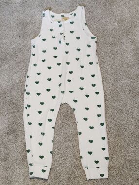Hugo Loves Tiki White Sleeveless Terry Romper with Green Heart Print